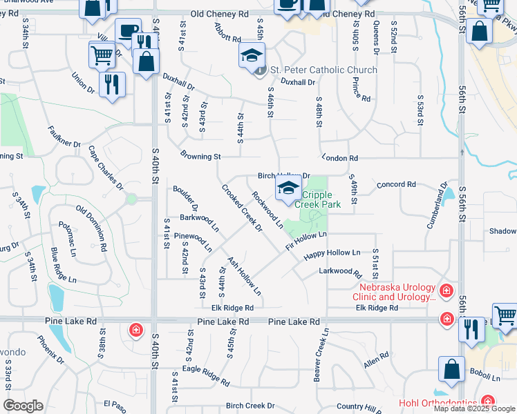 map of restaurants, bars, coffee shops, grocery stores, and more near 6609 Rockwood Lane in Lincoln