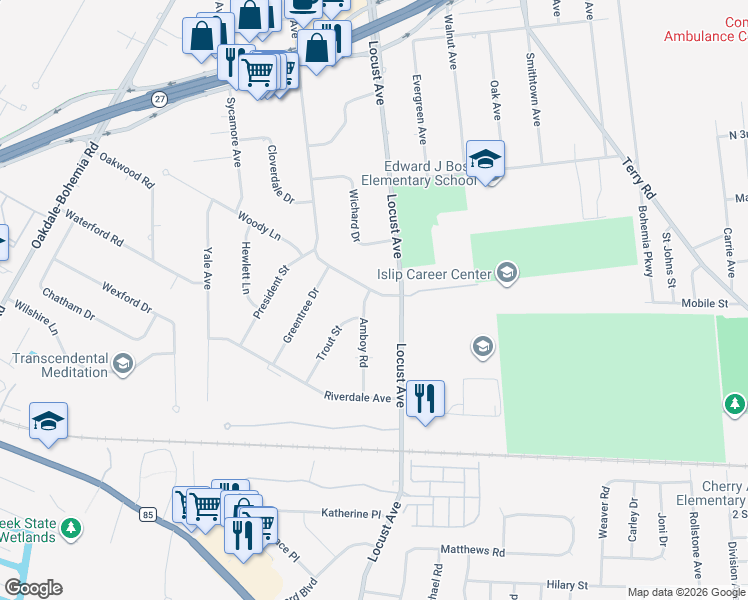 map of restaurants, bars, coffee shops, grocery stores, and more near 23 Amboy Road in Oakdale