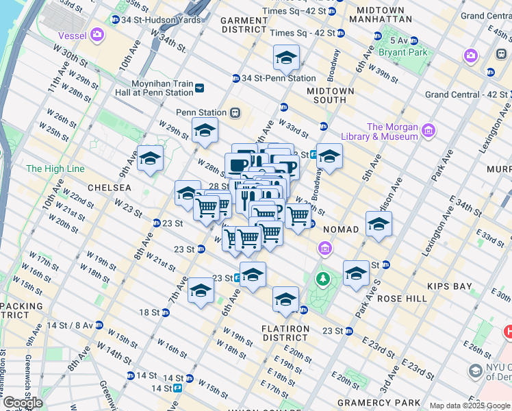 map of restaurants, bars, coffee shops, grocery stores, and more near 121 West 27th Street in New York