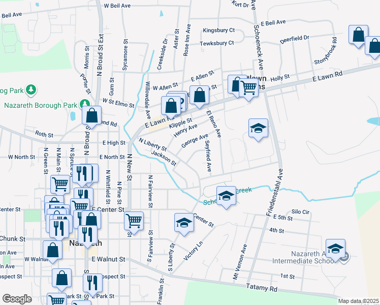 map of restaurants, bars, coffee shops, grocery stores, and more near 25 Charles Avenue in Nazareth