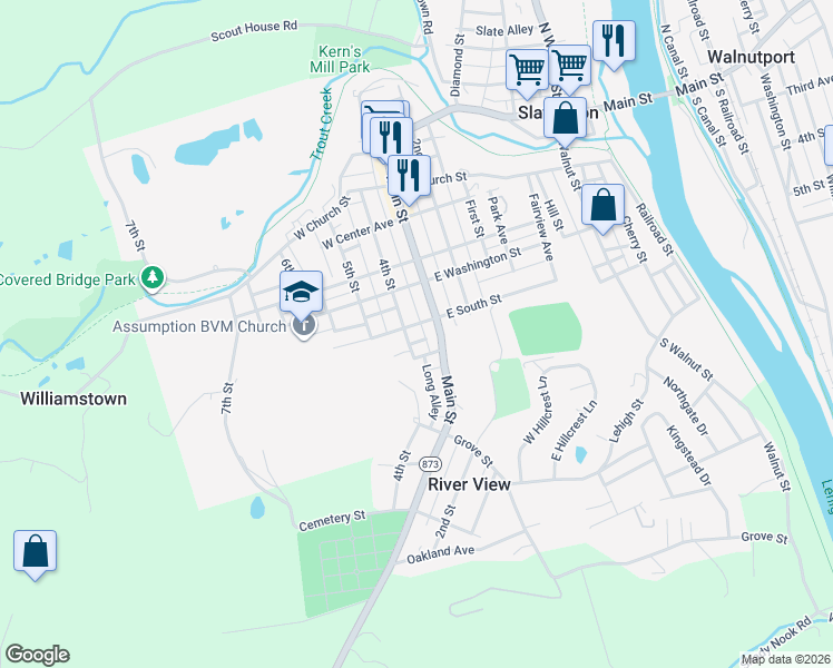map of restaurants, bars, coffee shops, grocery stores, and more near 411 4th Street in Slatington