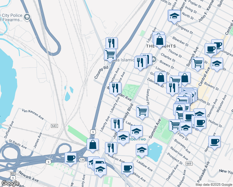 map of restaurants, bars, coffee shops, grocery stores, and more near 260 County Road 647 in Jersey City