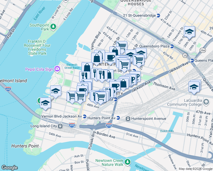map of restaurants, bars, coffee shops, grocery stores, and more near 46-09 11th Street in Queens
