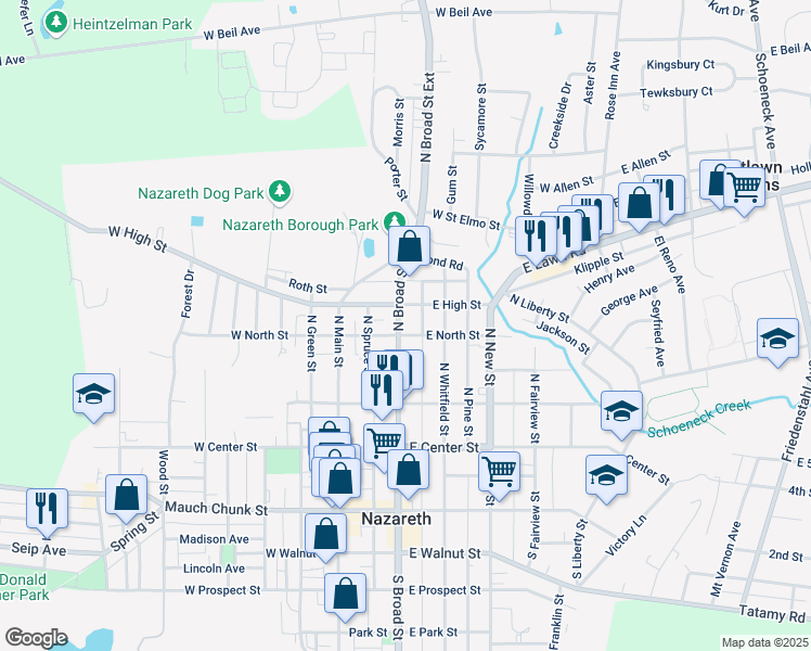 map of restaurants, bars, coffee shops, grocery stores, and more near 206 North Broad Street in Nazareth