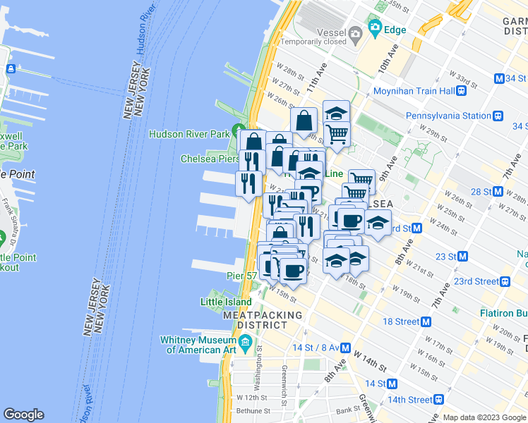 map of restaurants, bars, coffee shops, grocery stores, and more near 100 11th Avenue in New York