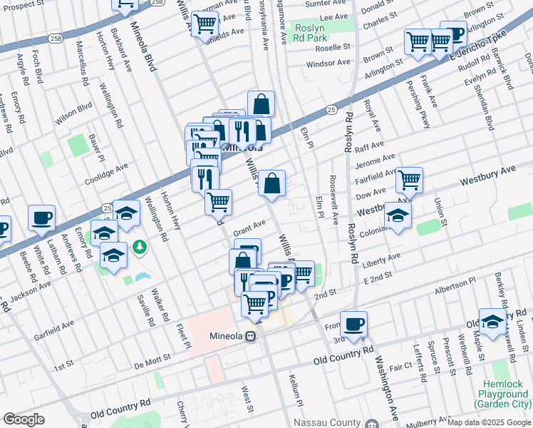 map of restaurants, bars, coffee shops, grocery stores, and more near 199 Willis Avenue in Mineola