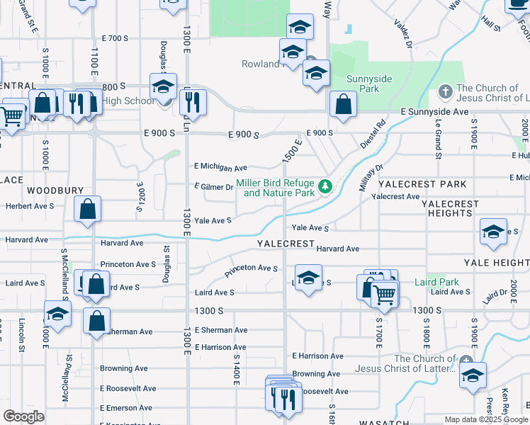map of restaurants, bars, coffee shops, grocery stores, and more near 1454 Yale Avenue South in Salt Lake City