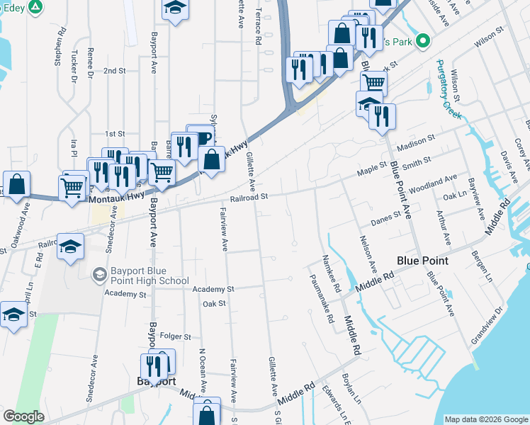 map of restaurants, bars, coffee shops, grocery stores, and more near 275 Gillette Avenue in Bayport