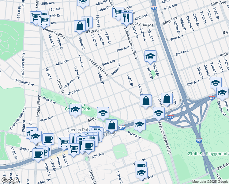 map of restaurants, bars, coffee shops, grocery stores, and more near 196-03 56th Avenue in Queens