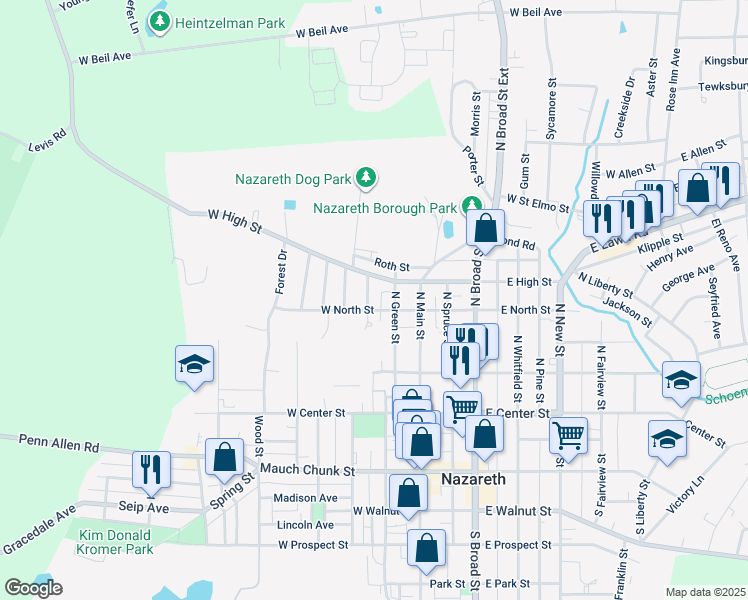 map of restaurants, bars, coffee shops, grocery stores, and more near 208 North Church Street in Nazareth