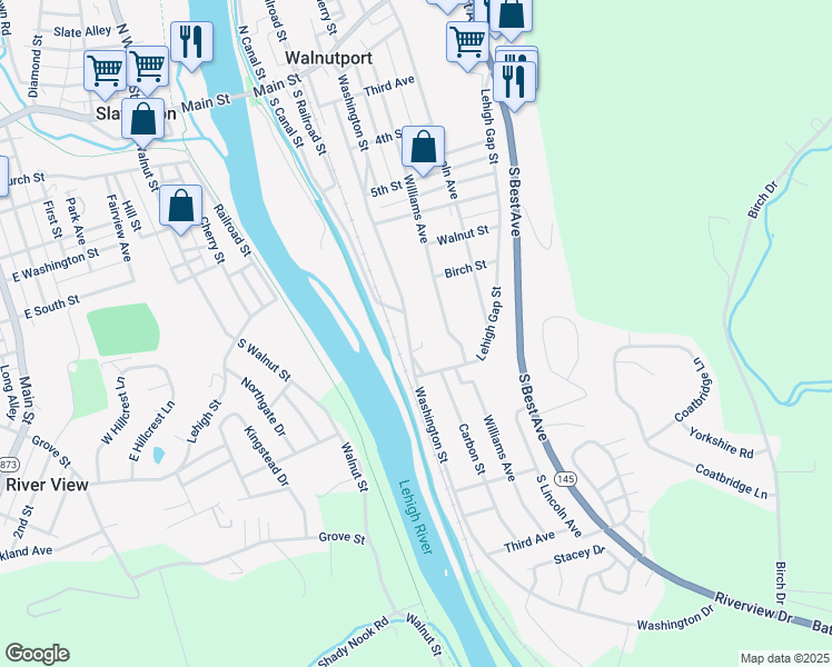 map of restaurants, bars, coffee shops, grocery stores, and more near 743 Washington Street in Walnutport
