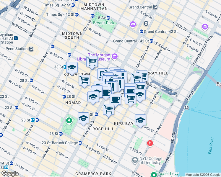 map of restaurants, bars, coffee shops, grocery stores, and more near 2 Park Avenue in New York