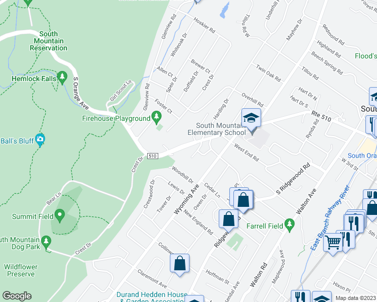 map of restaurants, bars, coffee shops, grocery stores, and more near 18 Harding Drive in South Orange