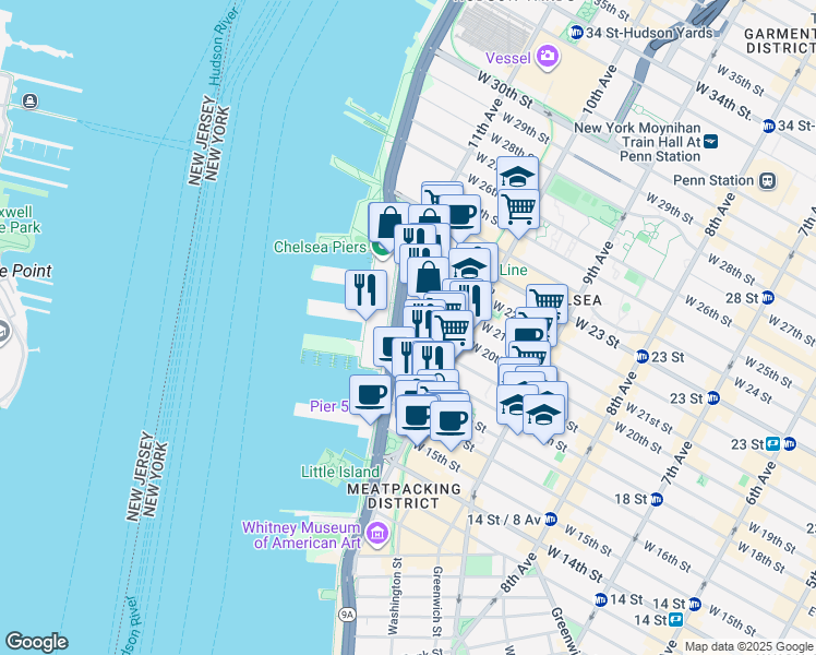 map of restaurants, bars, coffee shops, grocery stores, and more near 100 11th Avenue in New York