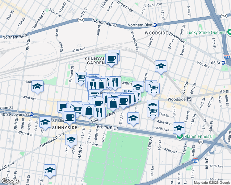 map of restaurants, bars, coffee shops, grocery stores, and more near 51-19 Skillman Avenue in Queens