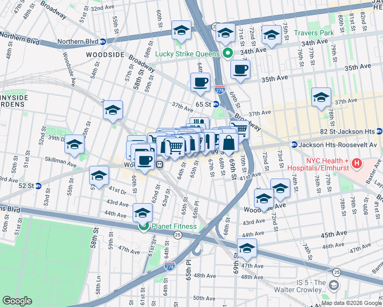 map of restaurants, bars, coffee shops, grocery stores, and more near 64-17 39th Avenue in Queens