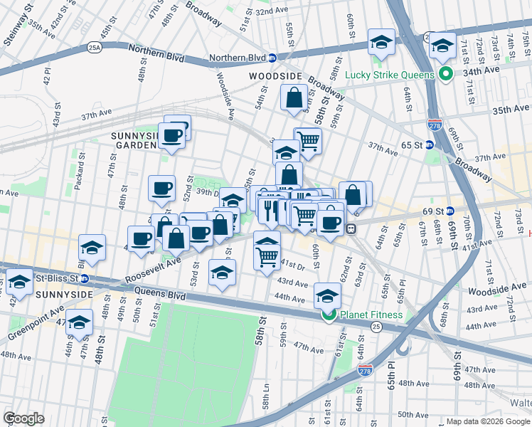 map of restaurants, bars, coffee shops, grocery stores, and more near 39-76 57th Street in Queens