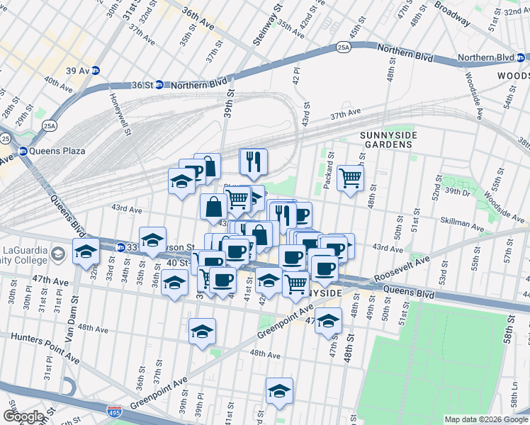 map of restaurants, bars, coffee shops, grocery stores, and more near 41-41 41st Street in Queens