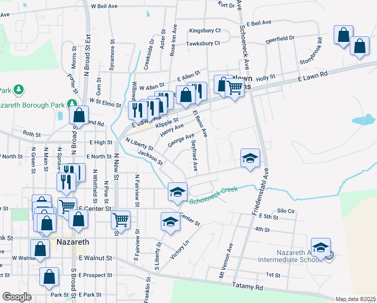 map of restaurants, bars, coffee shops, grocery stores, and more near 54 Charles Avenue in Nazareth