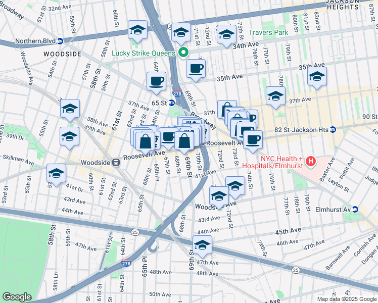 map of restaurants, bars, coffee shops, grocery stores, and more near 68-03 Roosevelt Avenue in Queens
