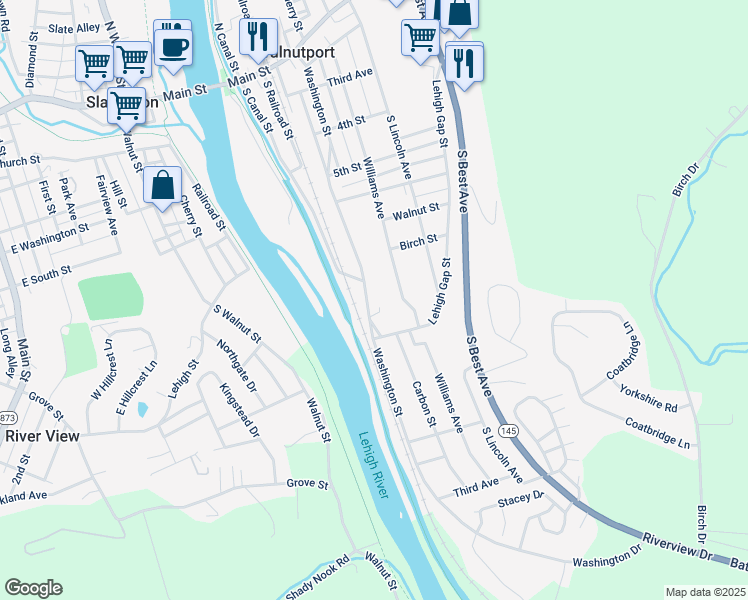 map of restaurants, bars, coffee shops, grocery stores, and more near 743 Washington Street in Walnutport