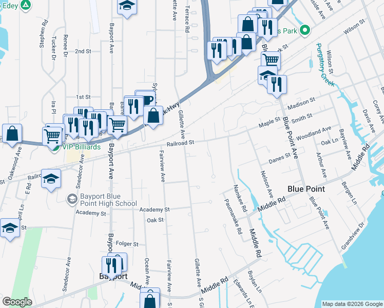 map of restaurants, bars, coffee shops, grocery stores, and more near 275 Gillette Avenue in Bayport