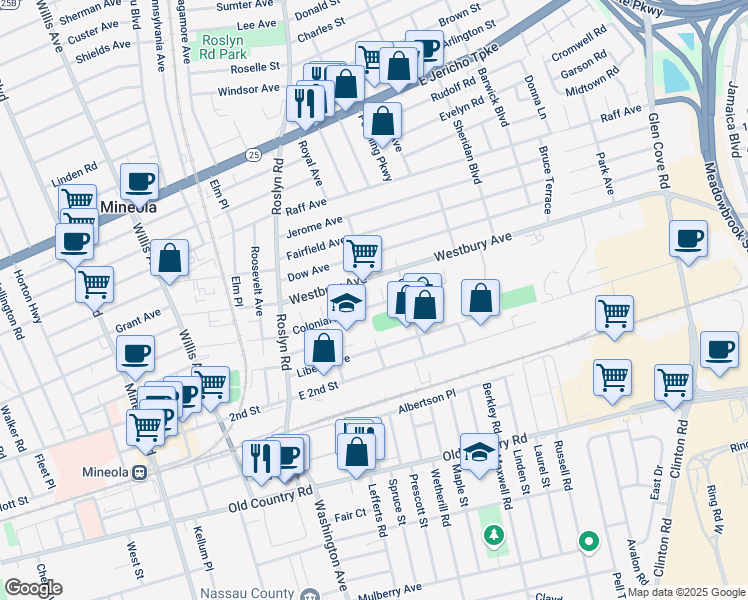 map of restaurants, bars, coffee shops, grocery stores, and more near 88 Colonial Avenue in Mineola