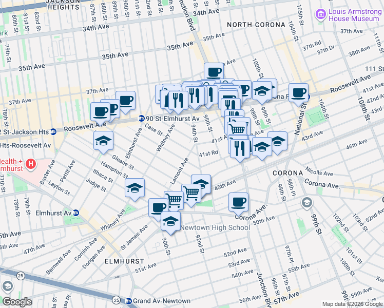 map of restaurants, bars, coffee shops, grocery stores, and more near 41-78 Case Street in Queens
