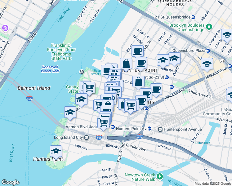 map of restaurants, bars, coffee shops, grocery stores, and more near Vernon Boulevard & 46th Road in Queens