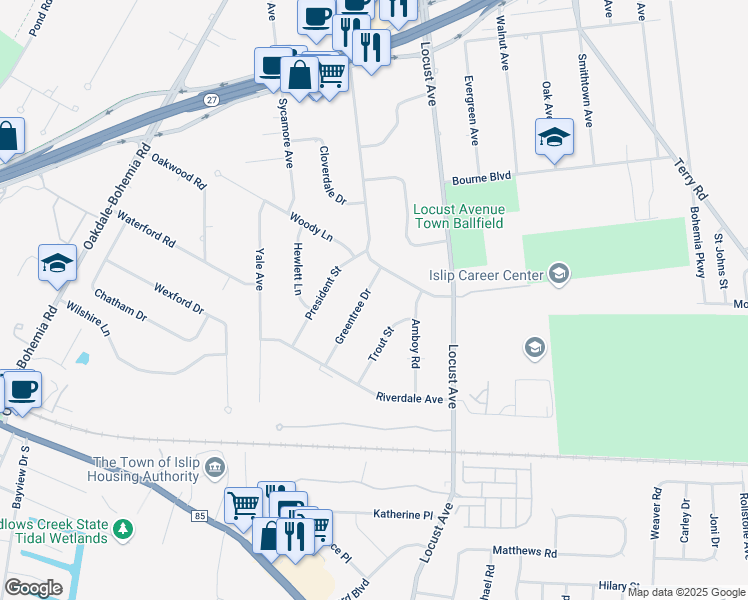 map of restaurants, bars, coffee shops, grocery stores, and more near 17 Greentree Drive in Oakdale