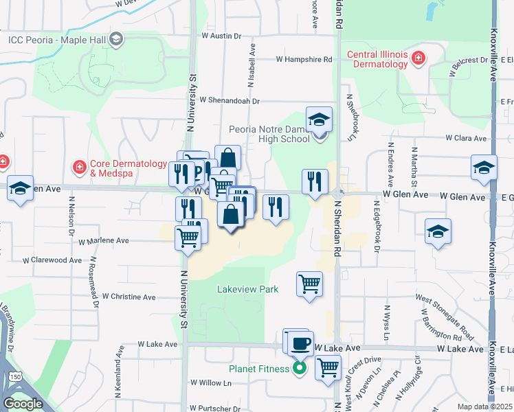map of restaurants, bars, coffee shops, grocery stores, and more near 1100 W Glen Ave in Peoria