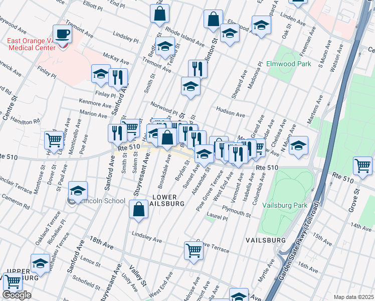 map of restaurants, bars, coffee shops, grocery stores, and more near 916 South Orange Avenue in Newark
