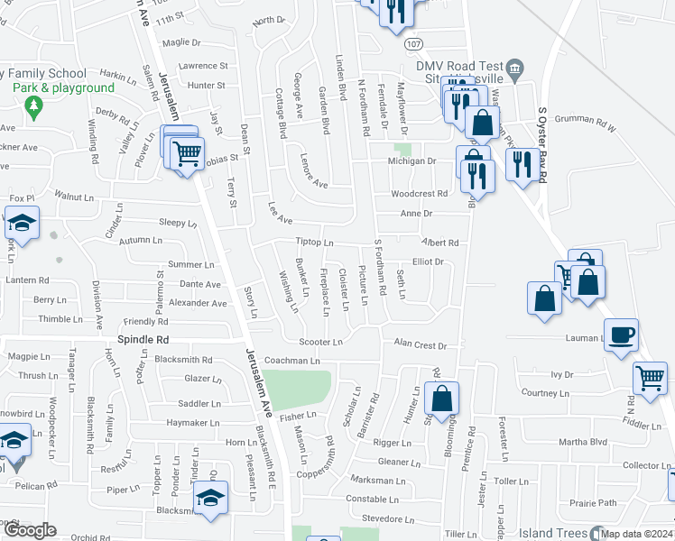 map of restaurants, bars, coffee shops, grocery stores, and more near 6 Cloister Lane in Hicksville