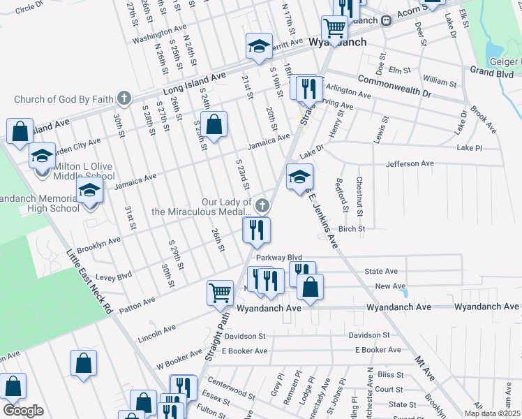 map of restaurants, bars, coffee shops, grocery stores, and more near 1434 Straight Path in Wyandanch