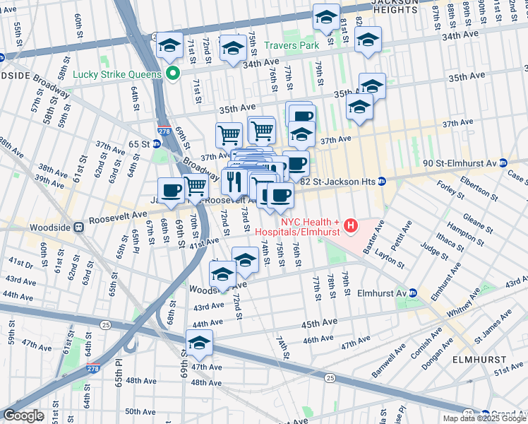 map of restaurants, bars, coffee shops, grocery stores, and more near 40-24 74th Street in Queens