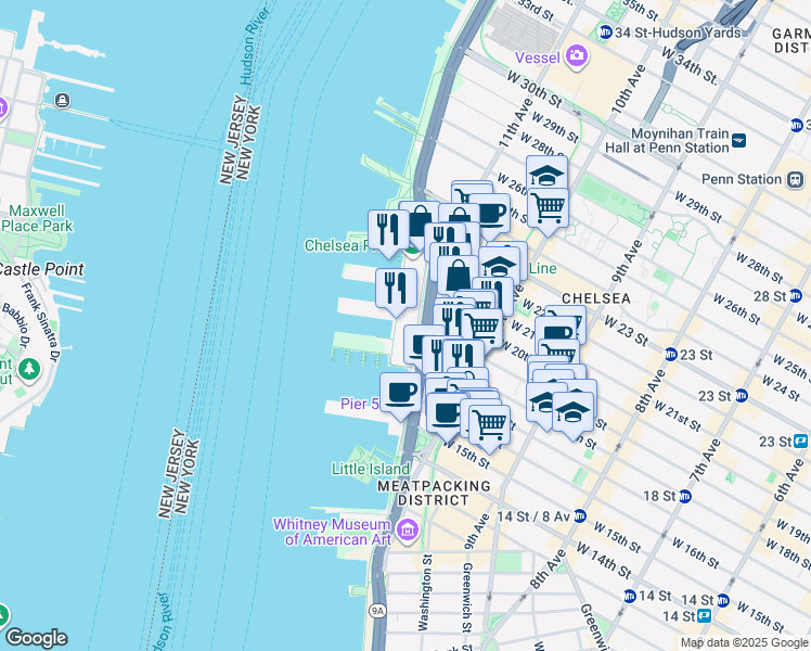 map of restaurants, bars, coffee shops, grocery stores, and more near 60 Chelsea Piers in New York