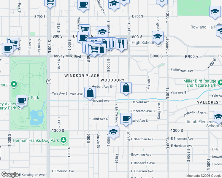 map of restaurants, bars, coffee shops, grocery stores, and more near 1066 South 1000 East in Salt Lake City