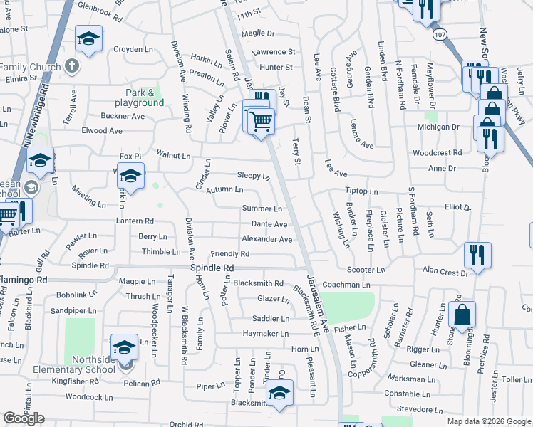 map of restaurants, bars, coffee shops, grocery stores, and more near 19 Dante Avenue in Hicksville