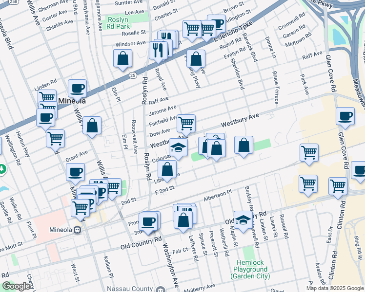 map of restaurants, bars, coffee shops, grocery stores, and more near 56 Colonial Avenue in Mineola