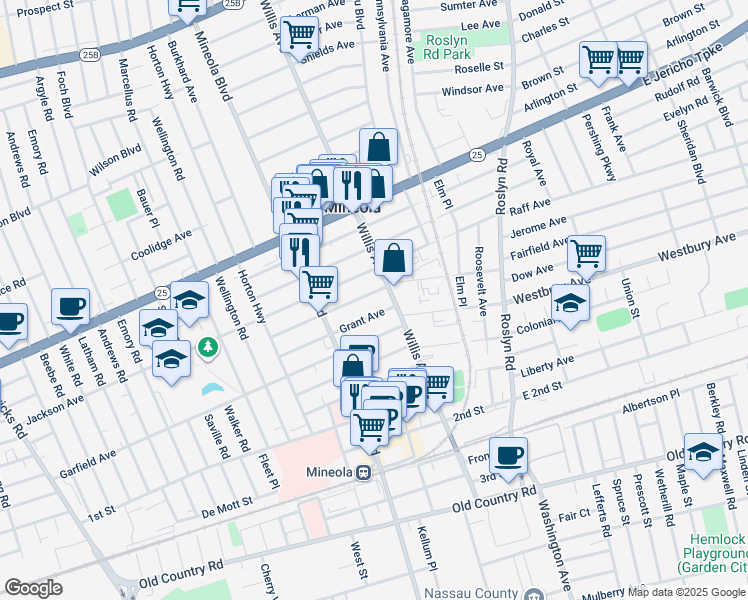 map of restaurants, bars, coffee shops, grocery stores, and more near 199 Willis Avenue in Mineola