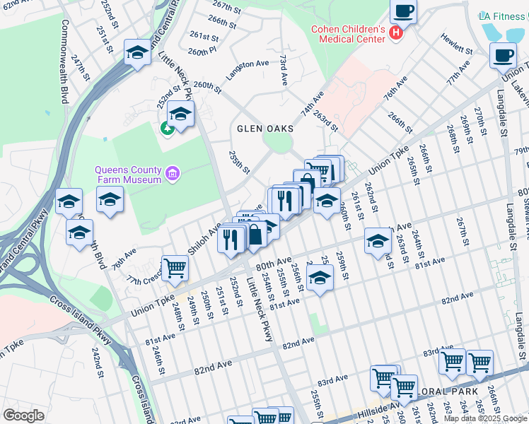 map of restaurants, bars, coffee shops, grocery stores, and more near 75-28 255th Street in Queens