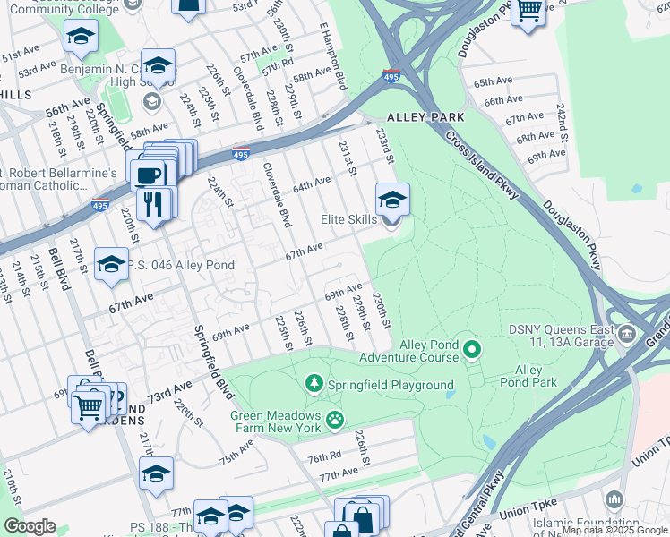 map of restaurants, bars, coffee shops, grocery stores, and more near 68-17 Cloverdale Lane in Queens