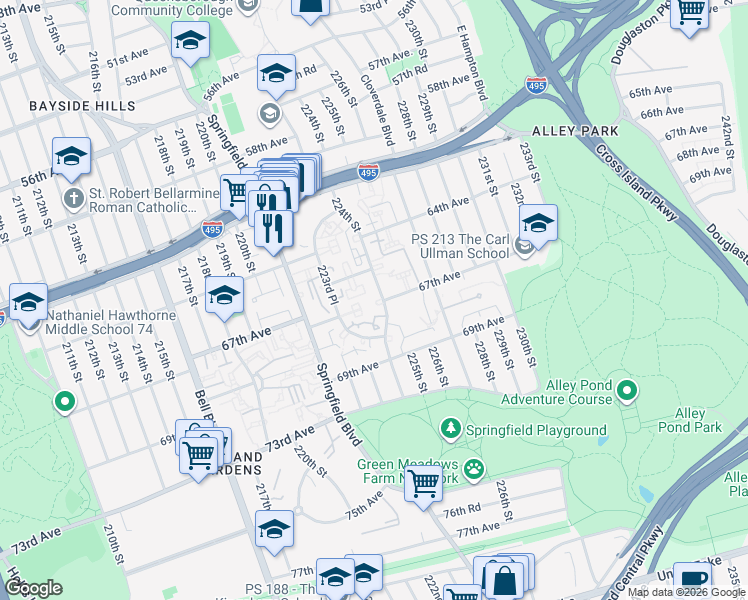 map of restaurants, bars, coffee shops, grocery stores, and more near 67-14 224 Street in Queens