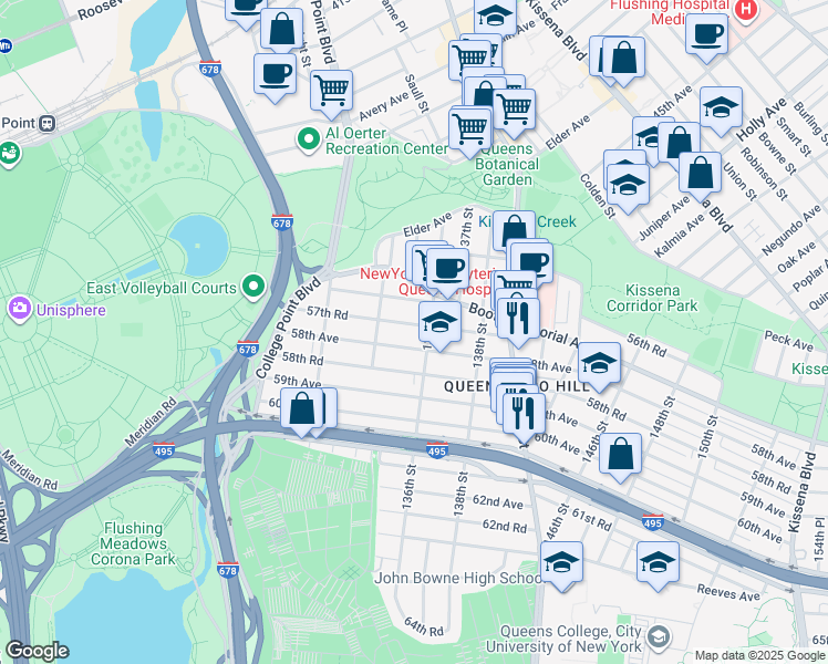 map of restaurants, bars, coffee shops, grocery stores, and more near 134-35 58th Avenue in Queens
