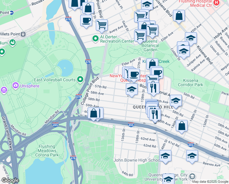 map of restaurants, bars, coffee shops, grocery stores, and more near in Queens
