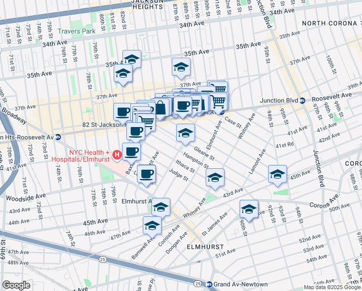 map of restaurants, bars, coffee shops, grocery stores, and more near 85-28 Britton Avenue in Queens