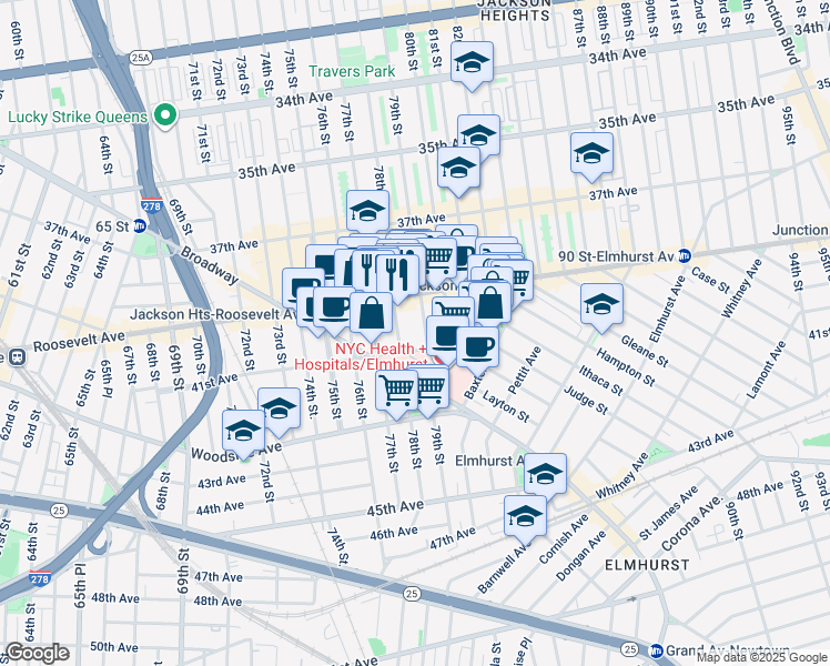 map of restaurants, bars, coffee shops, grocery stores, and more near 78-00 Broadway in Queens