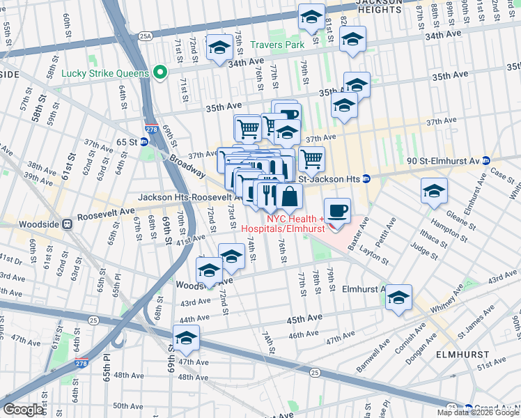 map of restaurants, bars, coffee shops, grocery stores, and more near 75-32 Broadway in Queens