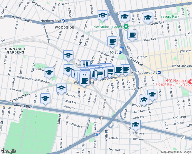 map of restaurants, bars, coffee shops, grocery stores, and more near in Queens