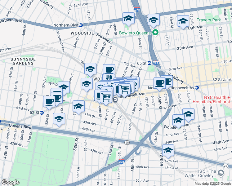 map of restaurants, bars, coffee shops, grocery stores, and more near in Queens